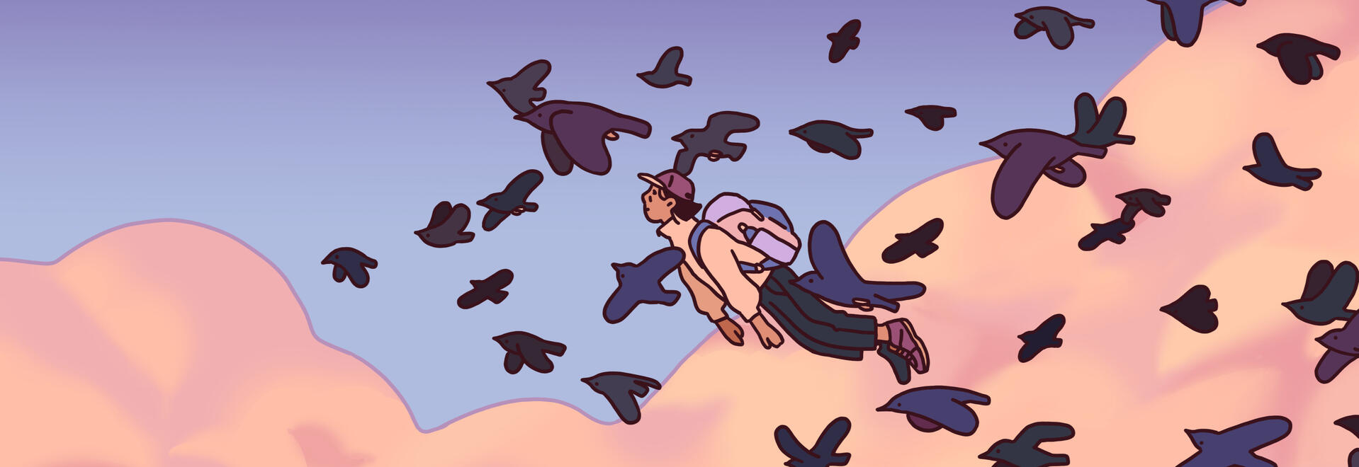 moutain painting with white flying birds